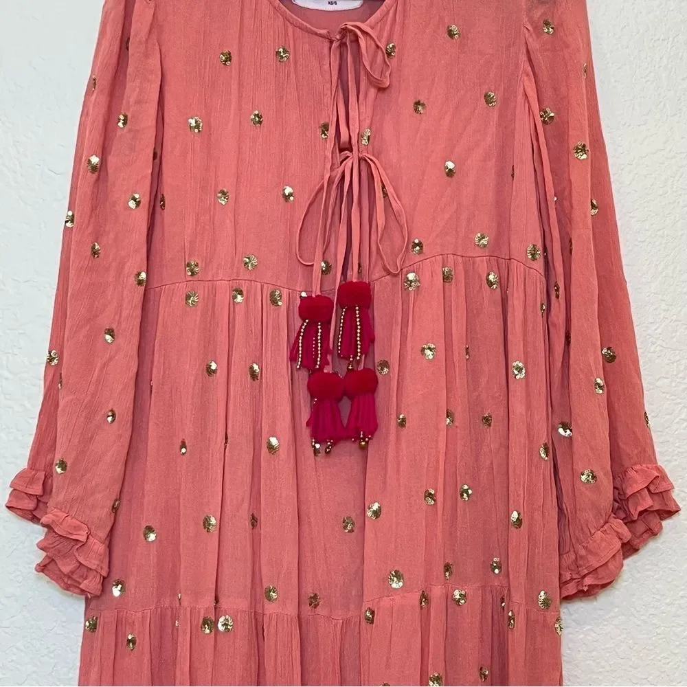 Sundress Neo Long Embellished Tiered Long Sleeve Maxi Dress in Coral size XS/S
